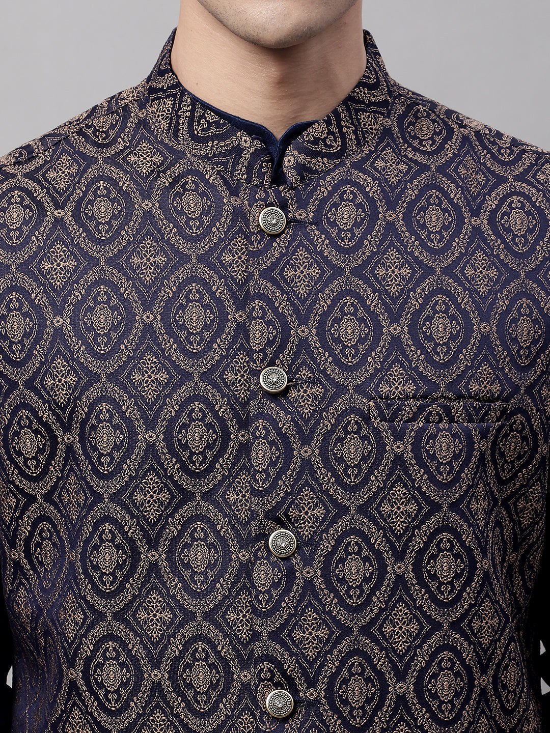 Jompers Men's Navy Blue Solid Kurta Pyjama with Brown Woven Design Nehru Jacket