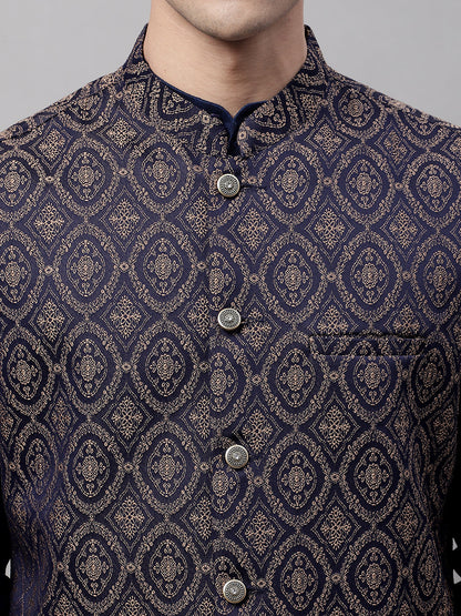 Jompers Men's Navy Blue Solid Kurta Pyjama with Brown Woven Design Nehru Jacket