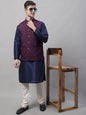 Jompers Men's Navy Blue Solid Kurta Pyjama with Maroon Woven Design Nehru Jacket