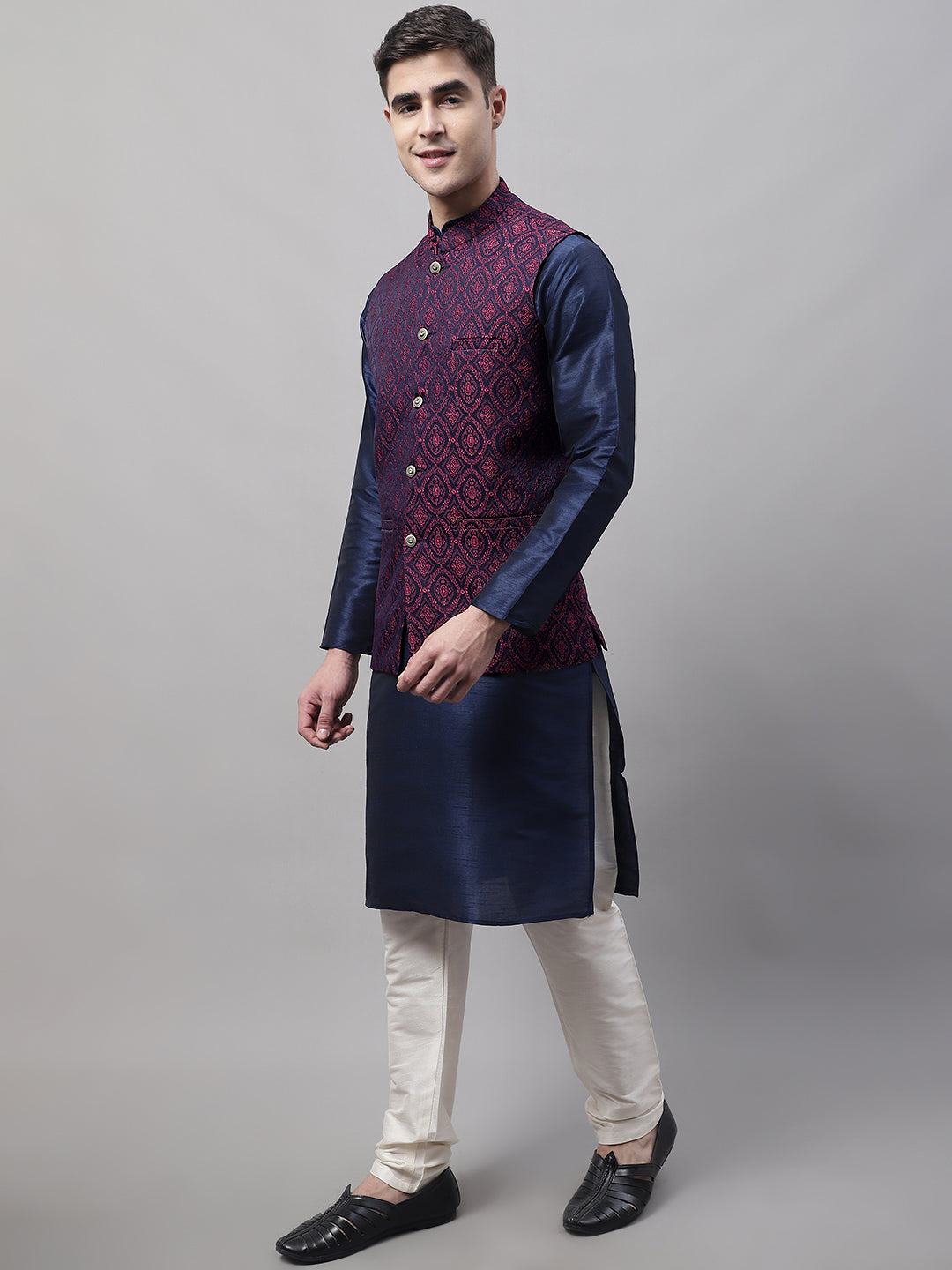 Jompers Men's Navy Blue Solid Kurta Pyjama with Maroon Woven Design Nehru Jacket