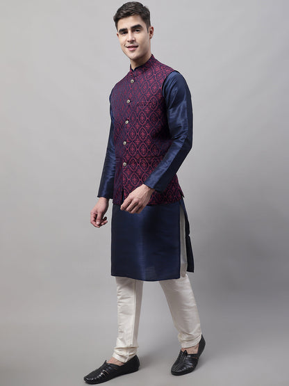 Jompers Men's Navy Blue Solid Kurta Pyjama with Maroon Woven Design Nehru Jacket