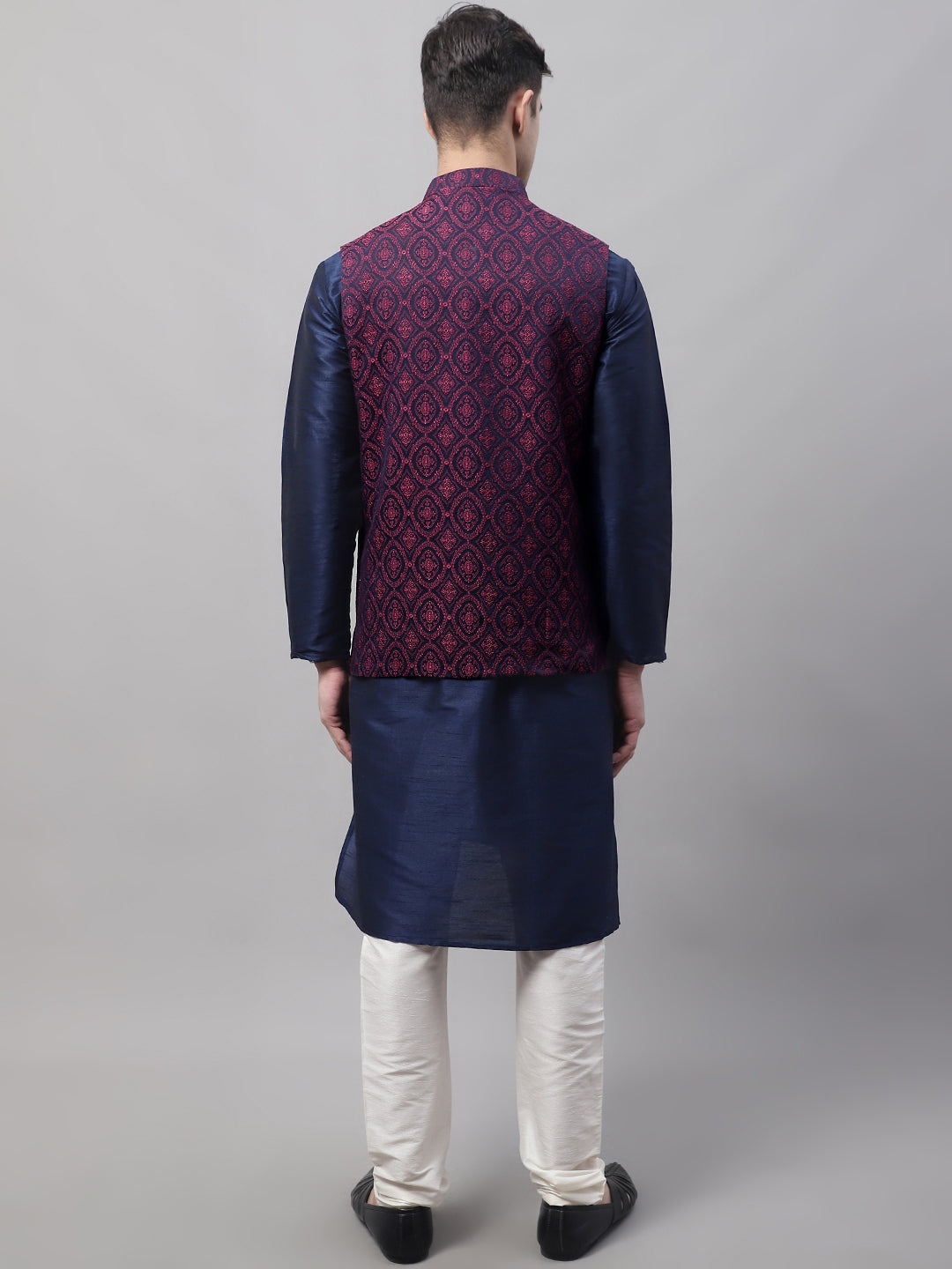 Jompers Men's Navy Blue Solid Kurta Pyjama with Maroon Woven Design Nehru Jacket