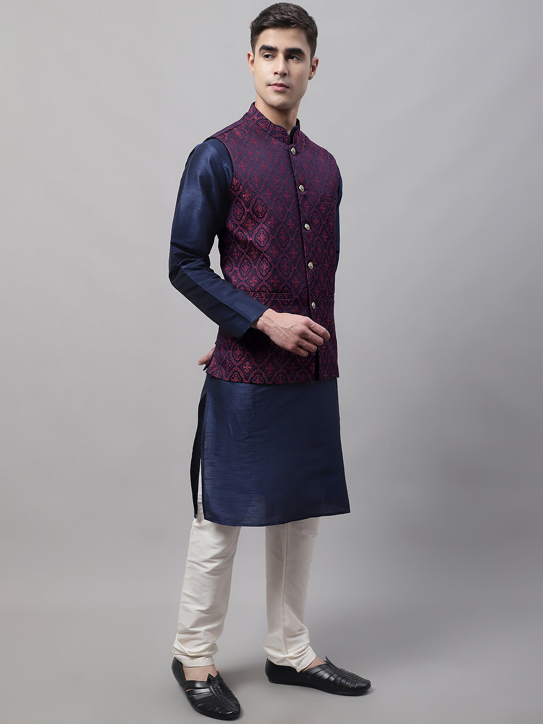 Jompers Men's Navy Blue Solid Kurta Pyjama with Maroon Woven Design Nehru Jacket