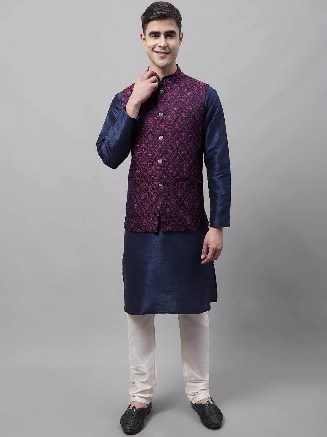Jompers Men's Navy Blue Solid Kurta Pyjama with Maroon Woven Design Nehru Jacket