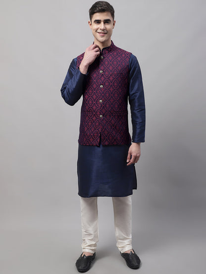 Jompers Men's Navy Blue Solid Kurta Pyjama with Maroon Woven Design Nehru Jacket