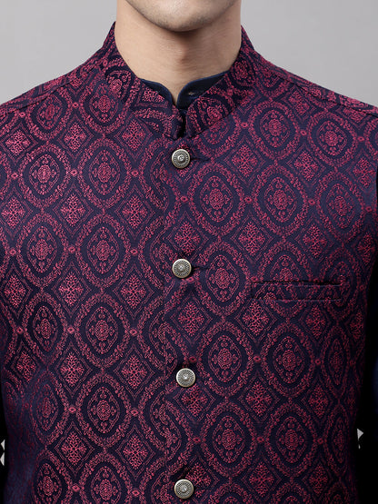 Jompers Men's Navy Blue Solid Kurta Pyjama with Maroon Woven Design Nehru Jacket