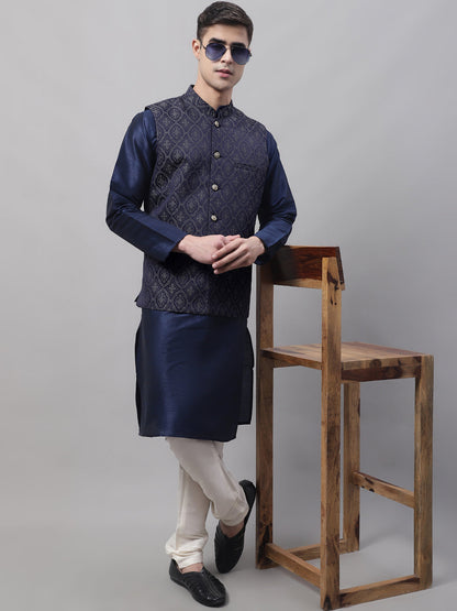 Jompers Men's Navy Blue Solid Kurta Pyjama with Silver Woven Design Nehru Jacket