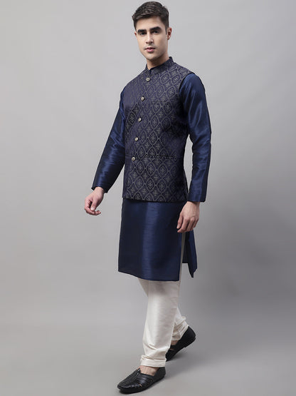 Jompers Men's Navy Blue Solid Kurta Pyjama with Silver Woven Design Nehru Jacket