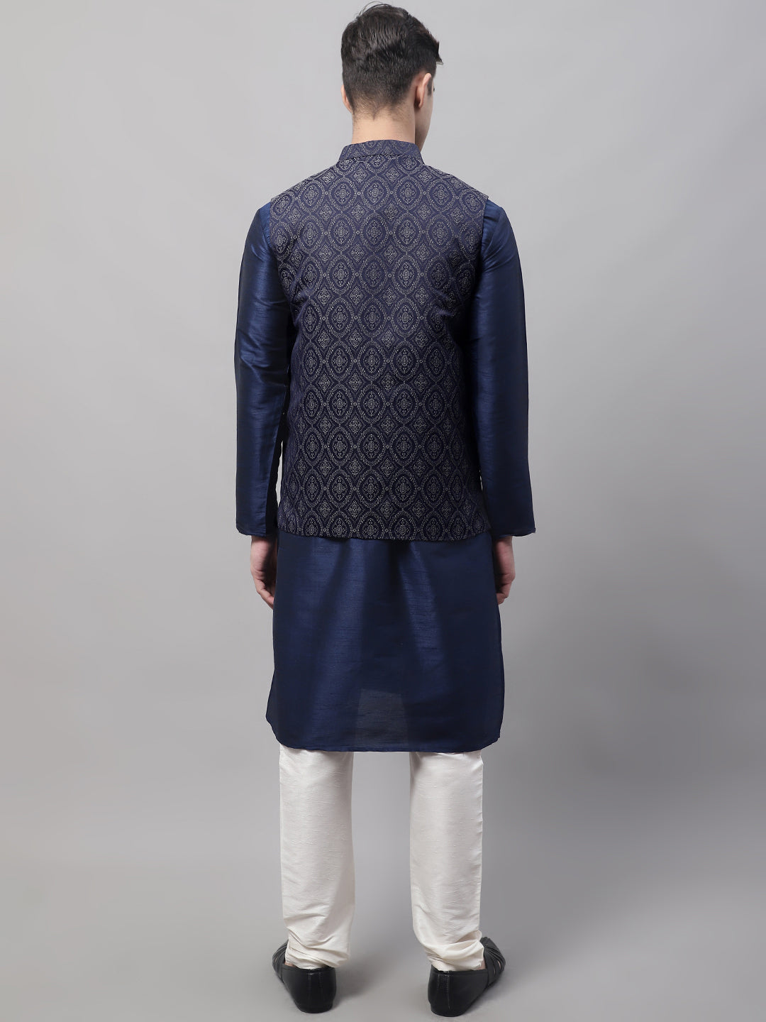 Jompers Men's Navy Blue Solid Kurta Pyjama with Silver Woven Design Nehru Jacket