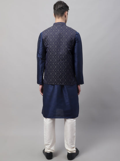 Jompers Men's Navy Blue Solid Kurta Pyjama with Silver Woven Design Nehru Jacket
