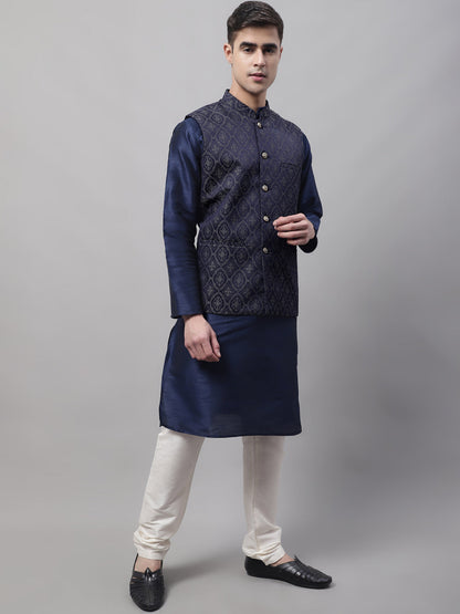 Jompers Men's Navy Blue Solid Kurta Pyjama with Silver Woven Design Nehru Jacket