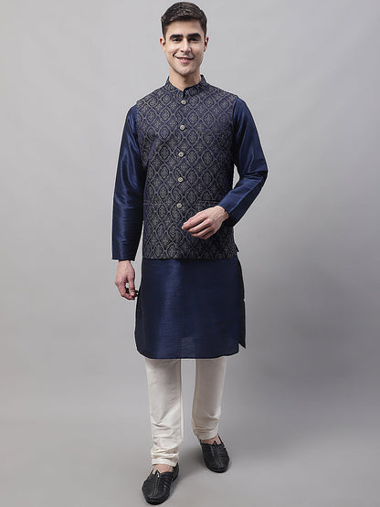 Jompers Men's Navy Blue Solid Kurta Pyjama with Silver Woven Design Nehru Jacket
