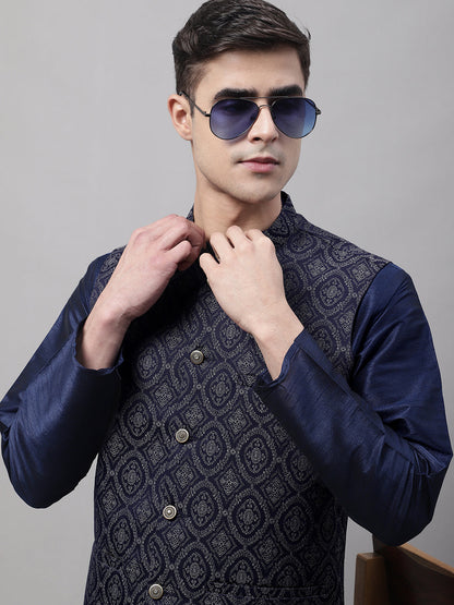 Jompers Men's Navy Blue Solid Kurta Pyjama with Silver Woven Design Nehru Jacket