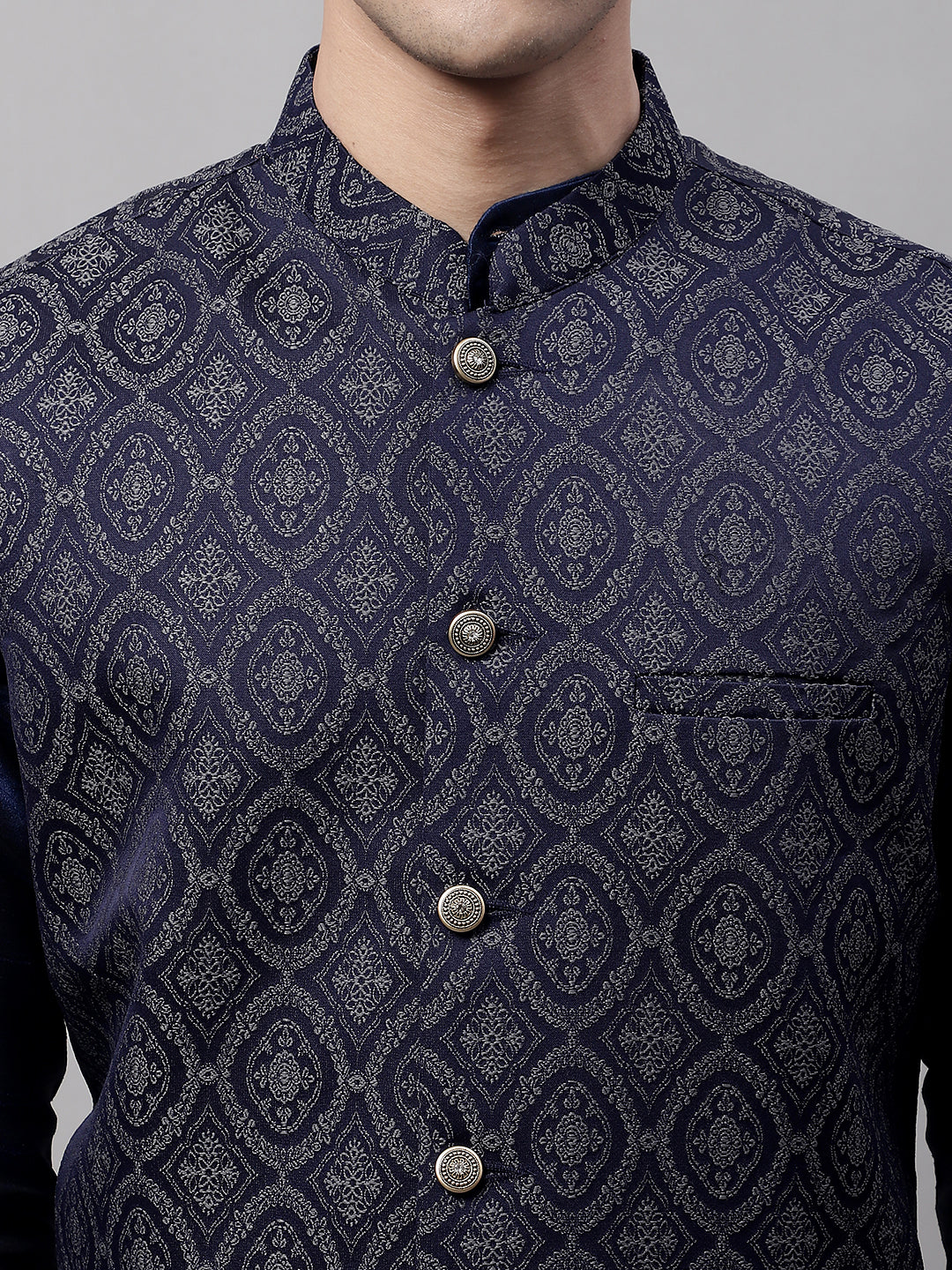 Jompers Men's Navy Blue Solid Kurta Pyjama with Silver Woven Design Nehru Jacket