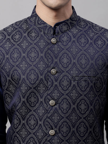 Jompers Men's Navy Blue Solid Kurta Pyjama with Silver Woven Design Nehru Jacket