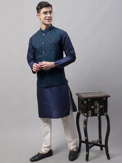 Jompers Men's Navy Blue Solid Kurta Pyjama with Green Woven Design Nehru Jacket