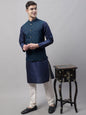Jompers Men's Navy Blue Solid Kurta Pyjama with Green Woven Design Nehru Jacket