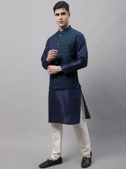 Jompers Men's Navy Blue Solid Kurta Pyjama with Green Woven Design Nehru Jacket