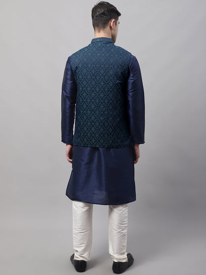 Jompers Men's Navy Blue Solid Kurta Pyjama with Green Woven Design Nehru Jacket