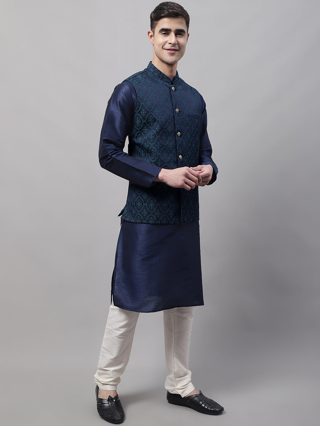 Jompers Men's Navy Blue Solid Kurta Pyjama with Green Woven Design Nehru Jacket