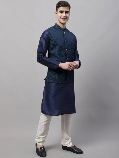 Jompers Men's Navy Blue Solid Kurta Pyjama with Green Woven Design Nehru Jacket