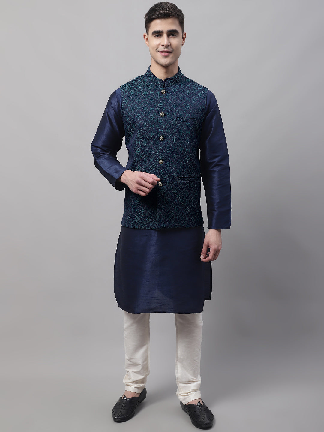 Jompers Men's Navy Blue Solid Kurta Pyjama with Green Woven Design Nehru Jacket