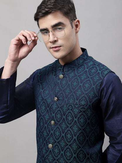 Jompers Men's Navy Blue Solid Kurta Pyjama with Green Woven Design Nehru Jacket