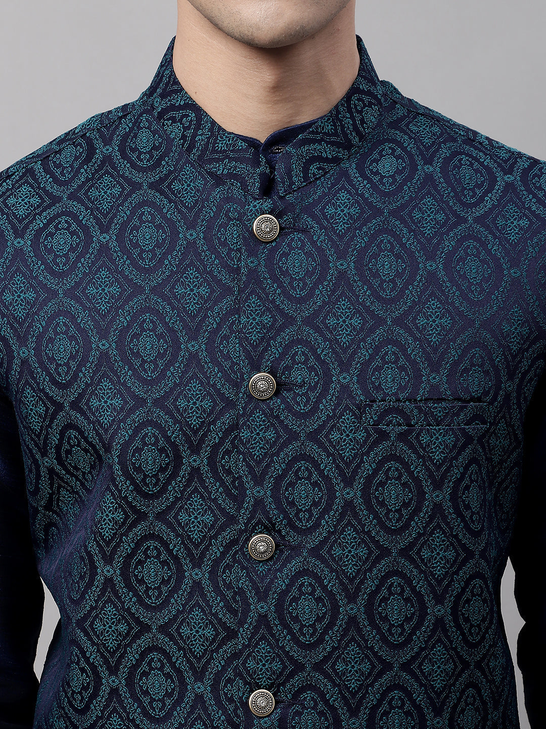 Jompers Men's Navy Blue Solid Kurta Pyjama with Green Woven Design Nehru Jacket