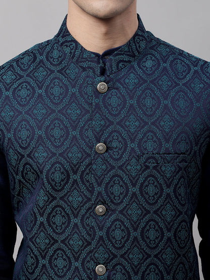 Jompers Men's Navy Blue Solid Kurta Pyjama with Green Woven Design Nehru Jacket