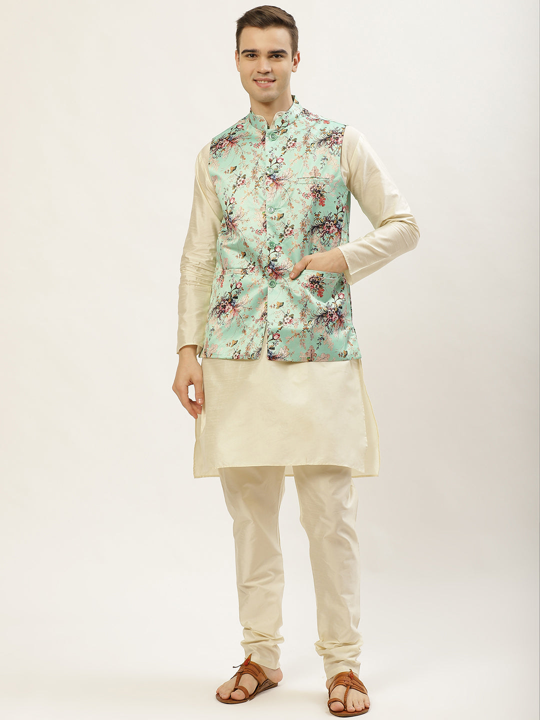 Jompers Men's Floral Printed Nehru Jacket and Kurta Pyjama Set - Lime