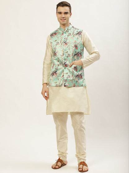 Jompers Men's Floral Printed Nehru Jacket and Kurta Pyjama Set - Lime