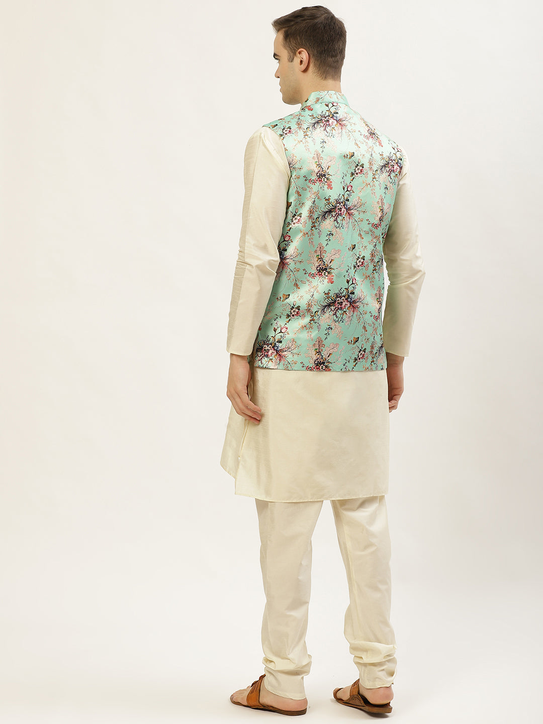 Jompers Men's Floral Printed Nehru Jacket and Kurta Pyjama Set - Lime