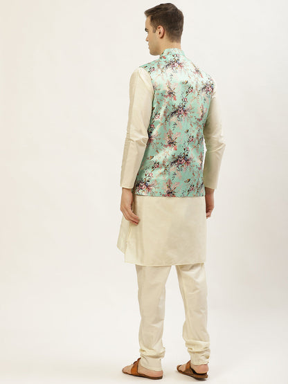 Jompers Men's Floral Printed Nehru Jacket and Kurta Pyjama Set - Lime