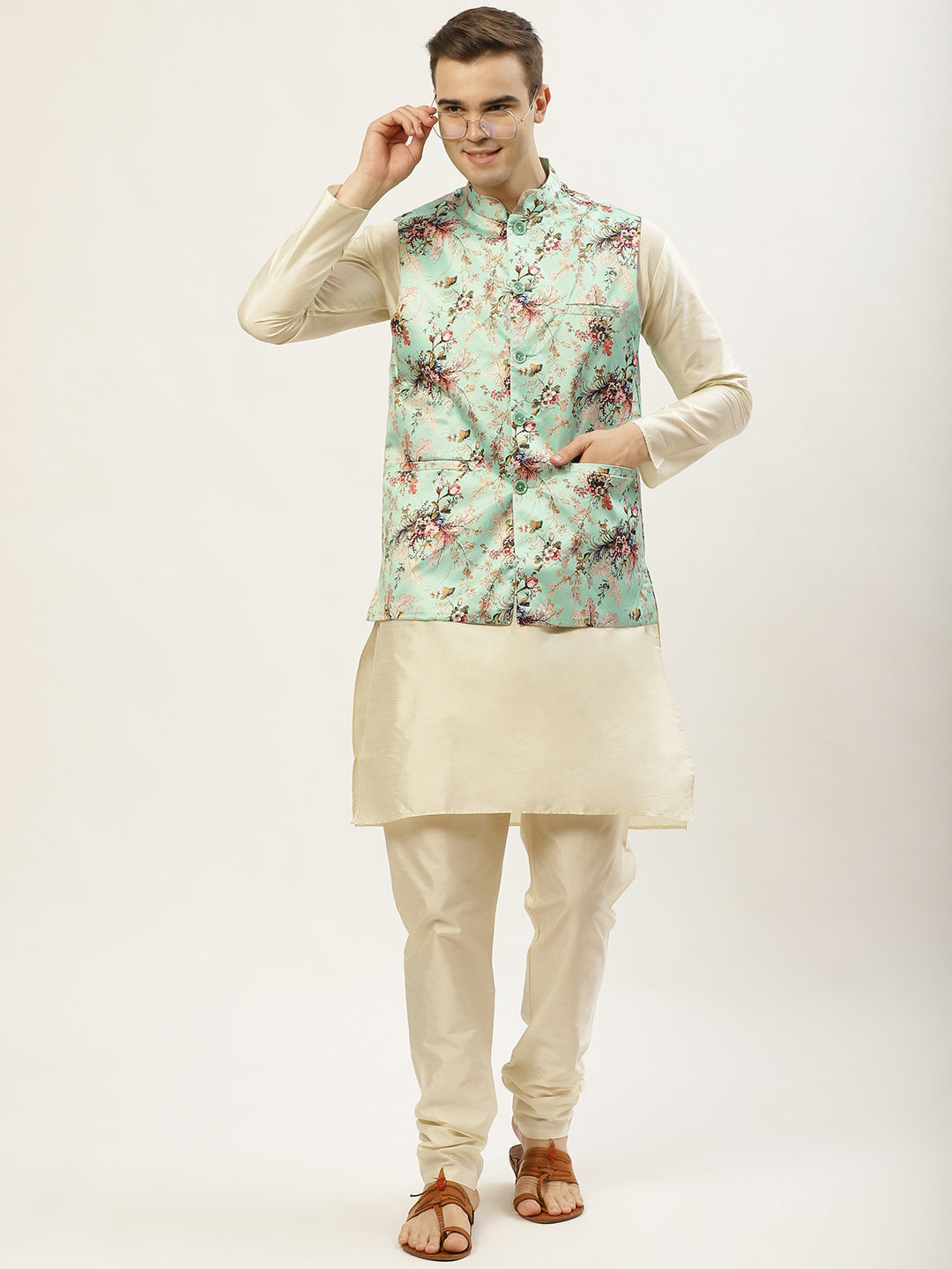 Jompers Men's Floral Printed Nehru Jacket and Kurta Pyjama Set - Lime
