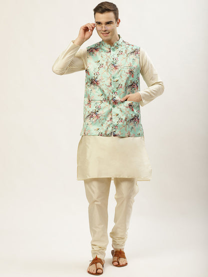 Jompers Men's Floral Printed Nehru Jacket and Kurta Pyjama Set - Lime