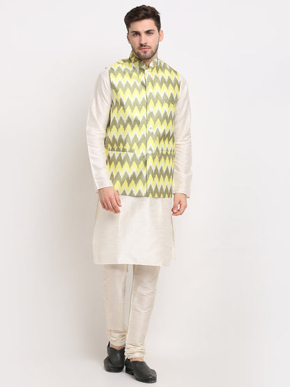 Jompers Men's Ikat Print Nehru Jacket & Kurta Pyjama ( Multi-Olive )