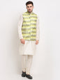 Jompers Men's Ikat Print Nehru Jacket & Kurta Pyjama ( Multi-Olive )