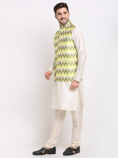 Jompers Men's Ikat Print Nehru Jacket & Kurta Pyjama ( Multi-Olive )
