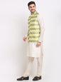 Jompers Men's Ikat Print Nehru Jacket & Kurta Pyjama ( Multi-Olive )