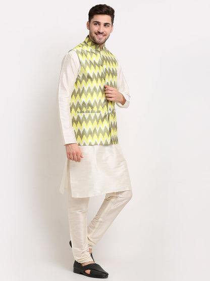 Jompers Men's Ikat Print Nehru Jacket & Kurta Pyjama ( Multi-Olive )