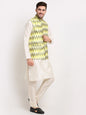 Jompers Men's Ikat Print Nehru Jacket & Kurta Pyjama ( Multi-Olive )