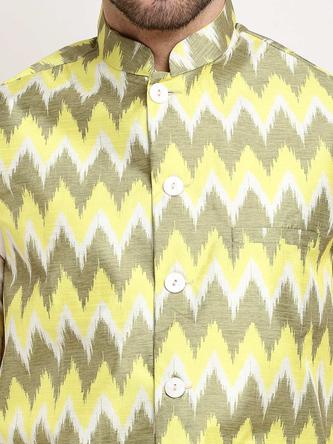 Jompers Men's Ikat Print Nehru Jacket & Kurta Pyjama ( Multi-Olive )