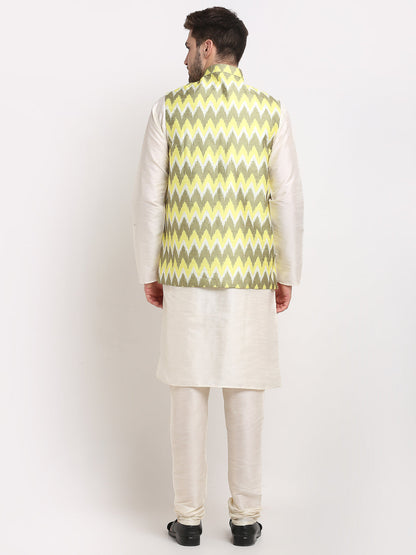 Jompers Men's Ikat Print Nehru Jacket & Kurta Pyjama ( Multi-Olive )