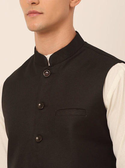 Jompers Men's Solid Kurta Pyjama With Nehru Jacket - Black
