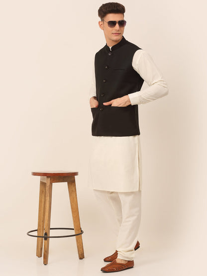 Jompers Men's Solid Kurta Pyjama With Nehru Jacket - Black