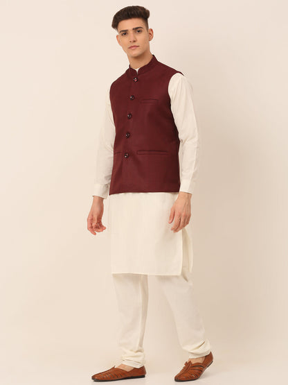 Jompers Men's Solid Kurta Pyjama With Nehru Jacket - Maroon