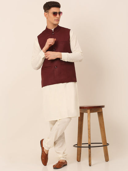 Jompers Men's Solid Kurta Pyjama With Nehru Jacket - Maroon