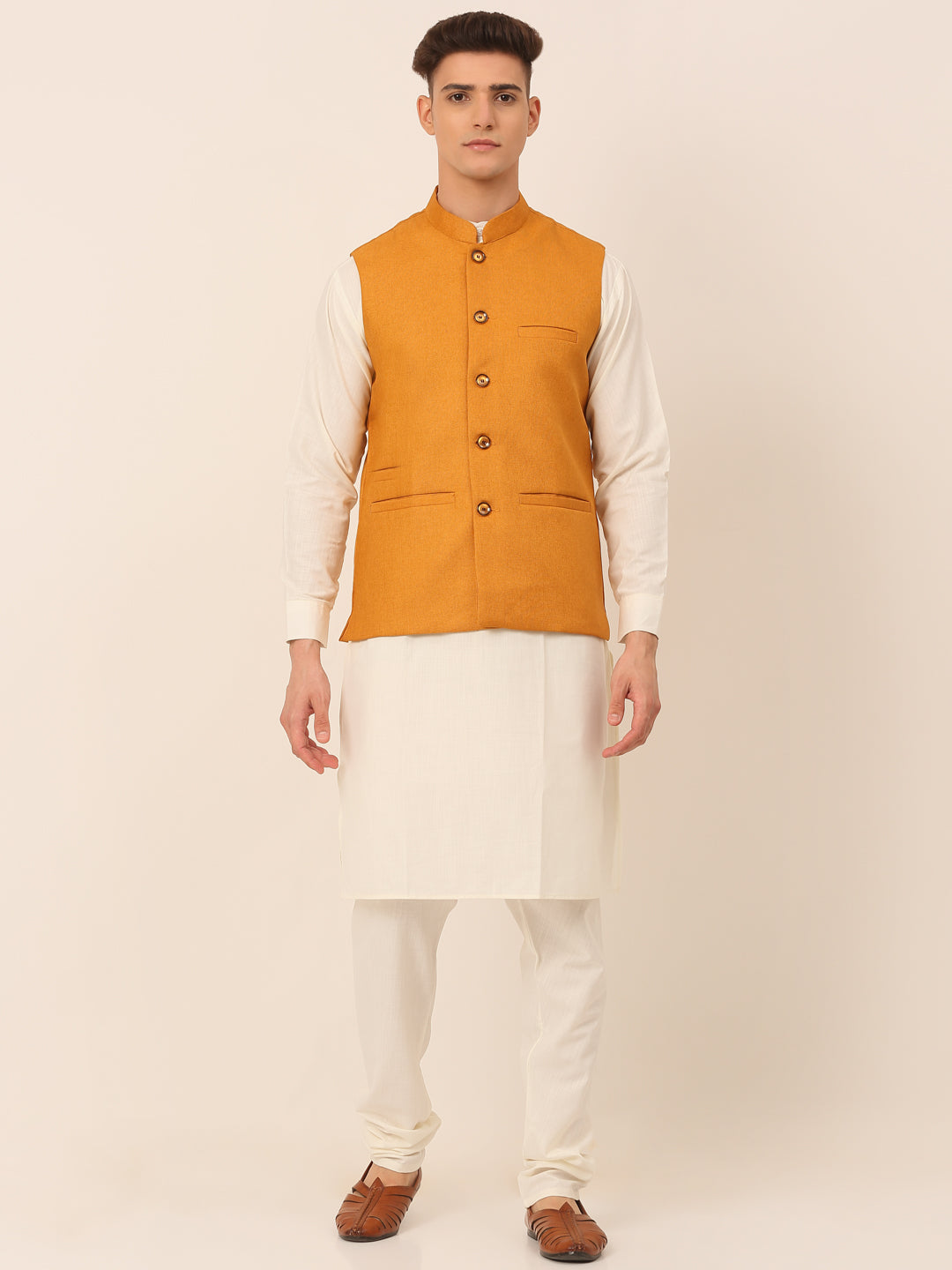 Jompers Men's Solid Kurta Pyjama With Nehru Jacket - Mustard
