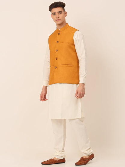 Jompers Men's Solid Kurta Pyjama With Nehru Jacket - Mustard