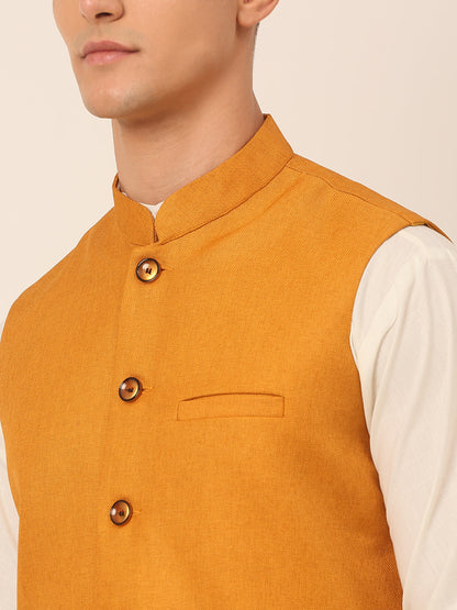 Jompers Men's Solid Kurta Pyjama With Nehru Jacket - Mustard